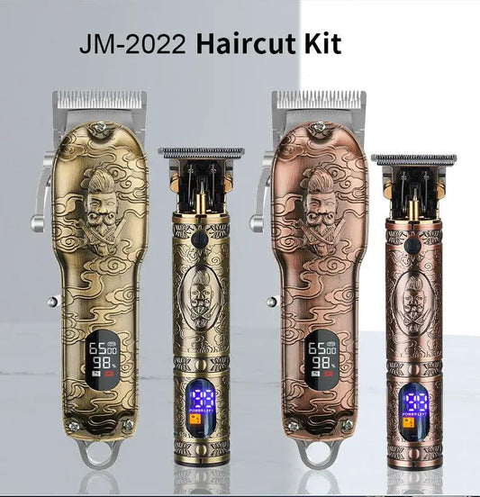 JM-2022 All Metal Hair Clipper Kit with gold and copper engraving USB charging pair on Tampa Home & Garden Store