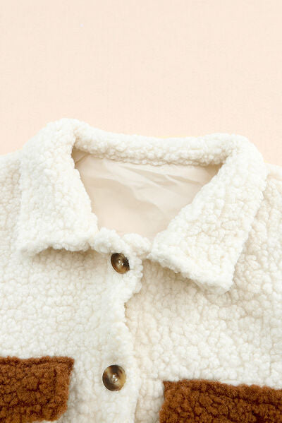 Stevvex women's sherpa jacket with button closure and collared neck in ivory fleece on Tampa Home & Garden Store