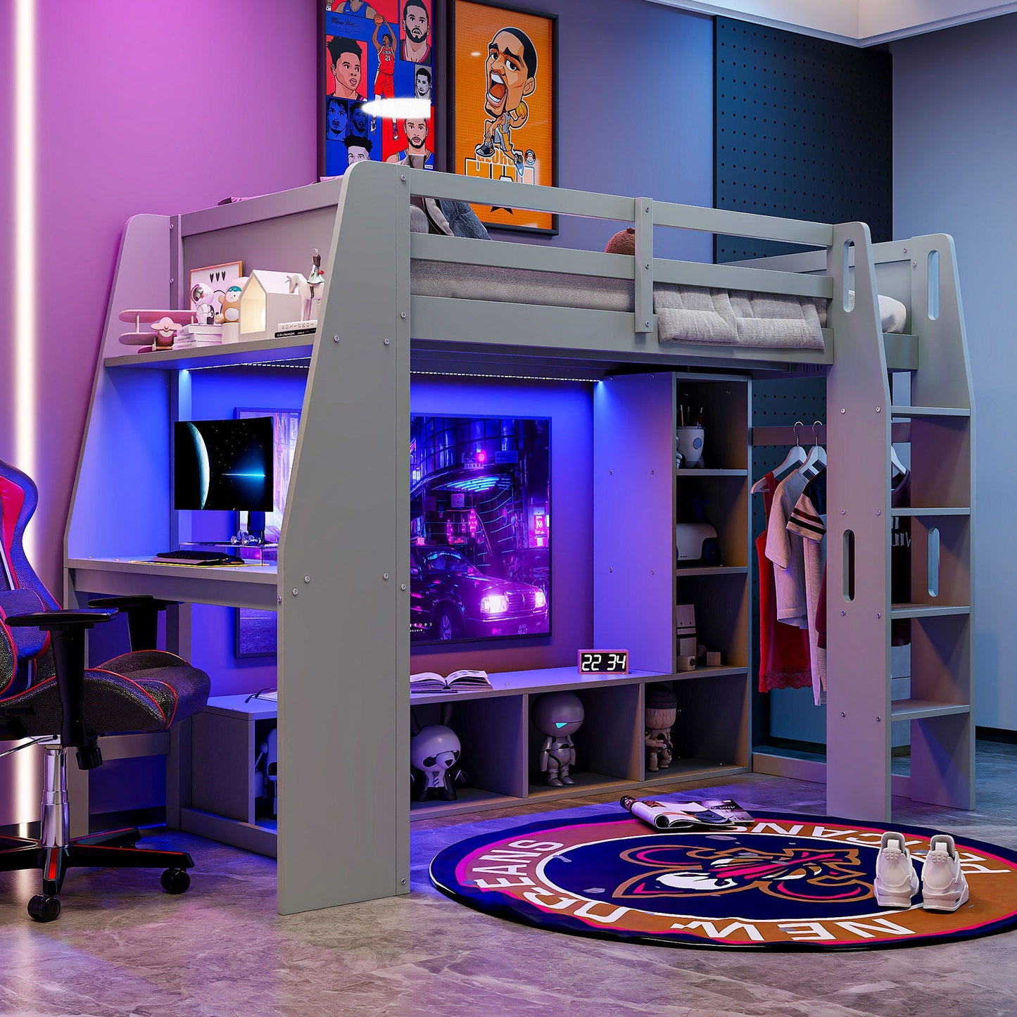 Gaming loft bed with desk by HouseOfZazla, gray frame with LED lighting and shelves on Tampa Home & Garden Store