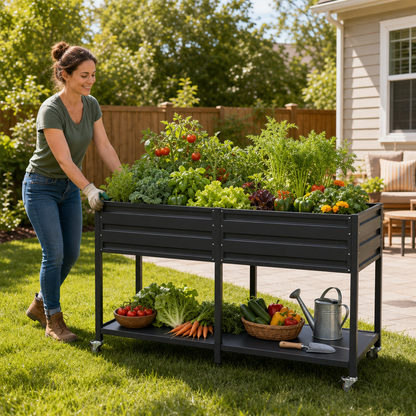 Dual Tier Elevated Metal Raised Garden Bed lockable wheels and storage shelf, filled with greens on Tampa Home & Garden Store