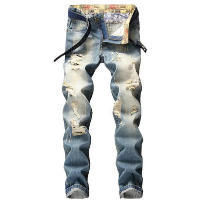 Ripped Jeans FLIPSTYLEZLLC, blue distressed denim with belt and rolled cuffs loose fit on Tampa Home & Garden Store