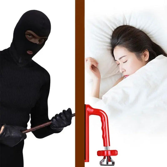 Portable Door Closer and Jammer Lockdown Travel red clamp security device beside sleeping woman on Tampa Home & Garden Store