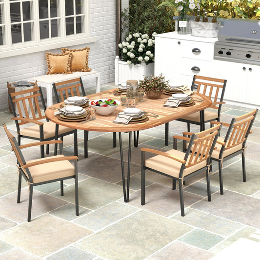 79 Inch Oval Patio Dining Table with Umbrella Hole and Acacia Wood Tabletop for 8 People - Tampa Home & Garden Store