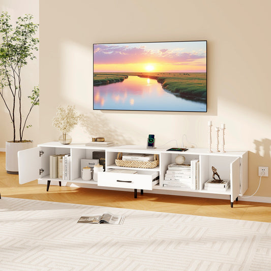 Mueble de TV de 79 pulgadas para televisores de hasta 90 pulgadas, centro de entretenimiento, mesa consola de madera, mueble de TV moderno de mediados de siglo - Blanco