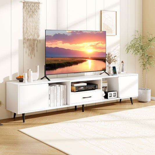 Mueble de TV de 79 pulgadas para televisores de hasta 90 pulgadas, centro de entretenimiento, mesa consola de madera, mueble de TV moderno de mediados de siglo - Blanco
