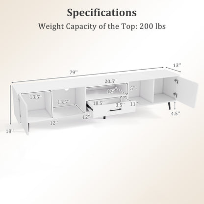 79" TV Stand for TVs up to 90 Inches Entertainment Center Wood Media Console Table Modern Mid Century TV Cabinet-White