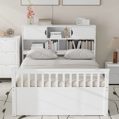White captain platform bed with bookcase headboard, storage shelves and 4 drawers on Tampa Home & Garden Store