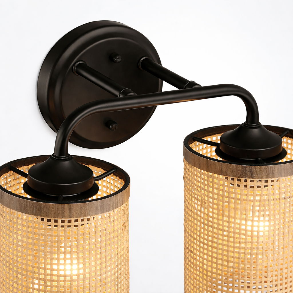 Quell double light vanity wall lamp black metal frame with natural rattan shades, 2 lights on Tampa Home & Garden Store