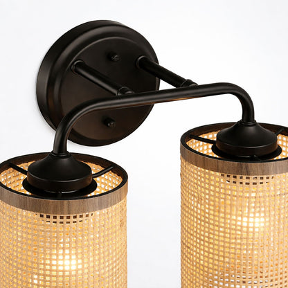 Quell double light vanity wall lamp black metal frame with natural rattan shades, 2 lights on Tampa Home & Garden Store