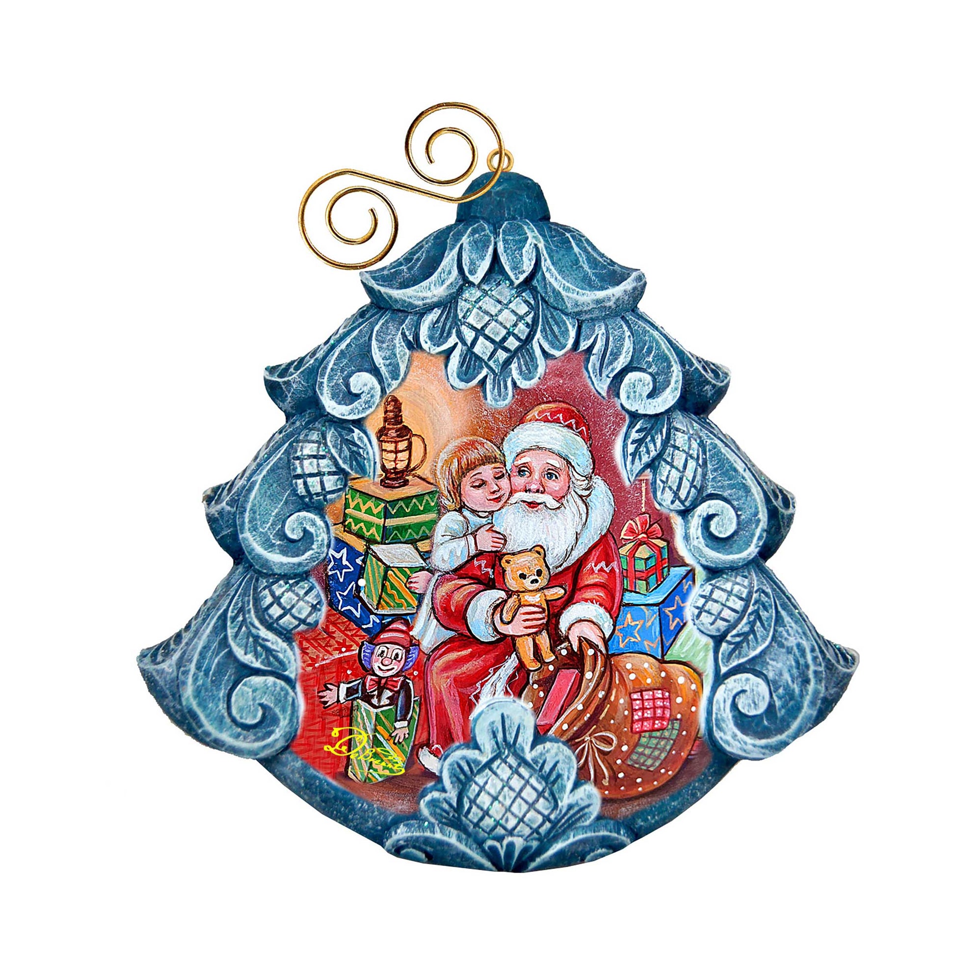 Gift Giver Santa Tree Ornament by G. DeBrekht; hand-painted blue sculpted holiday scene on Tampa Home & Garden Store