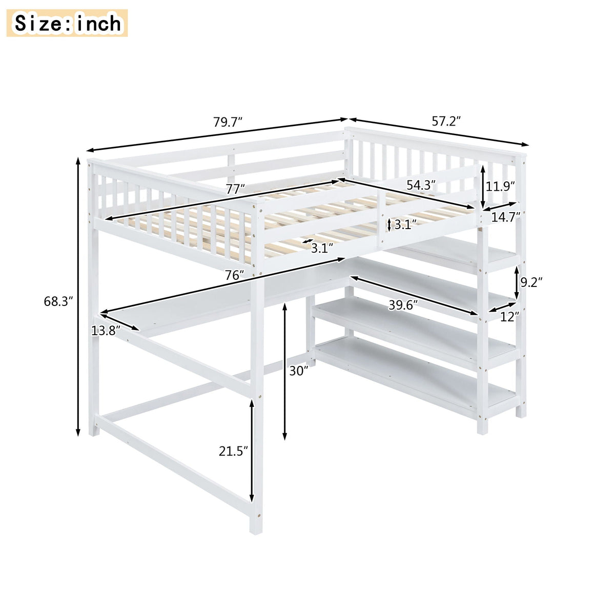 Loft bed with storage shelves and under-bed desk in white by HouseOfZazla on Tampa Home & Garden Store