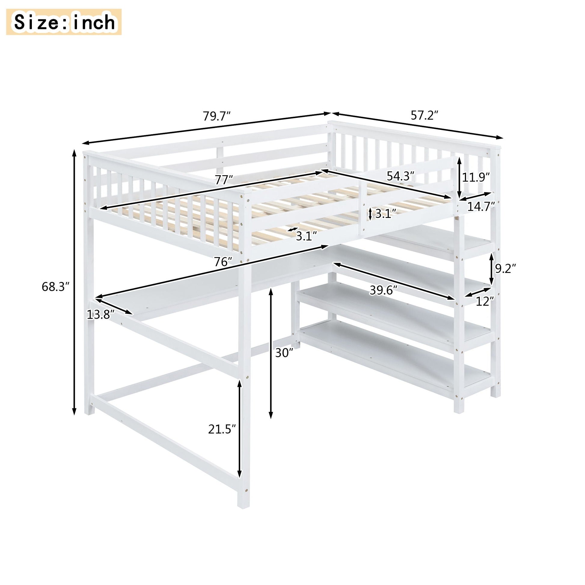 Loft bed with storage shelves and under-bed desk in white by HouseOfZazla on Tampa Home & Garden Store