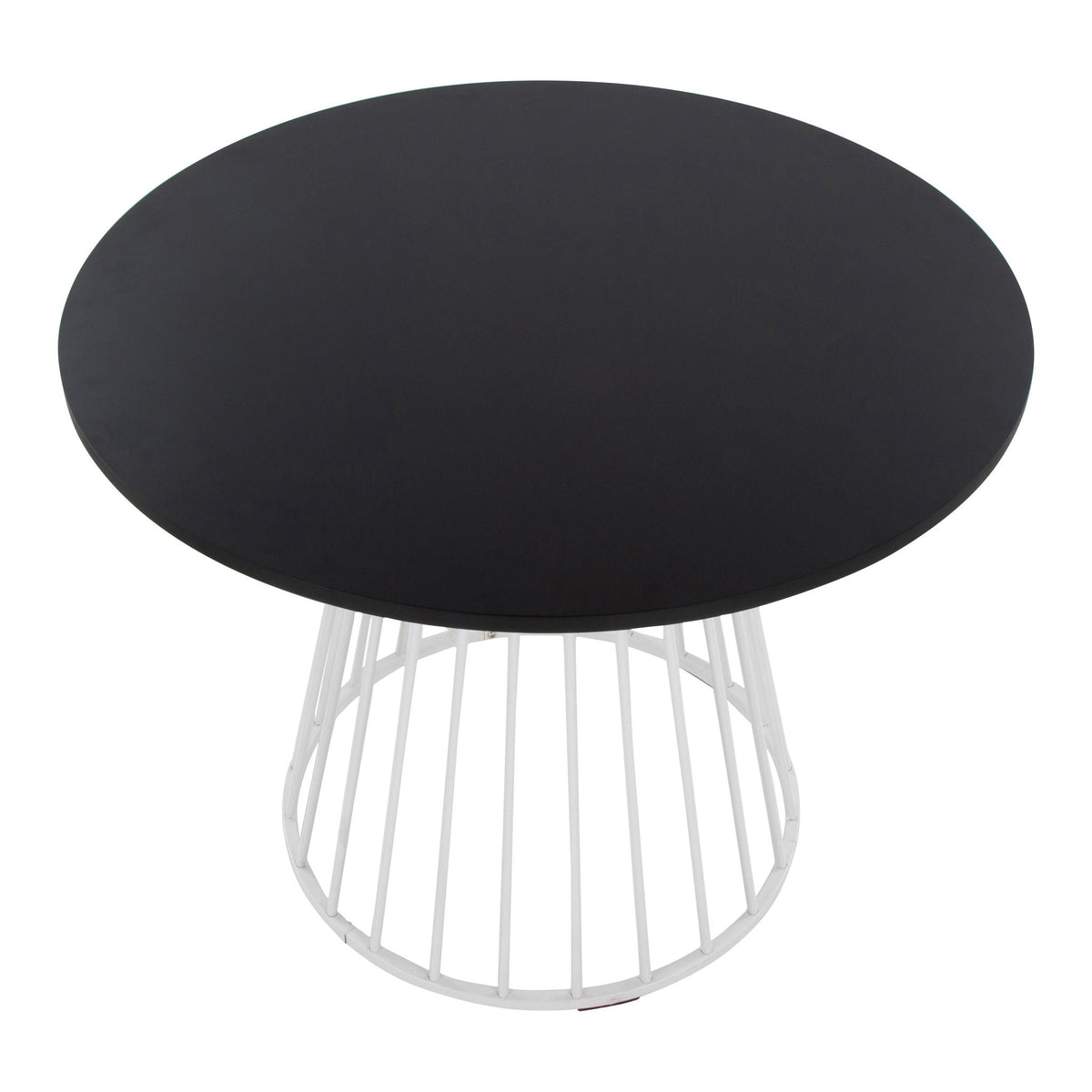 Contemporary dining table with black round top and white metal base on Tampa Home & Garden Store