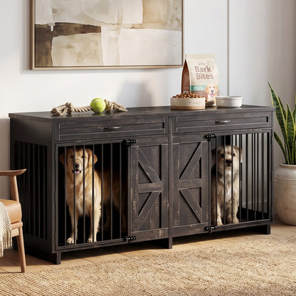 Dog Crate Furniture TV Stand in black distressed wood with two side-by-side crates and dogs inside on Tampa Home & Garden Store
