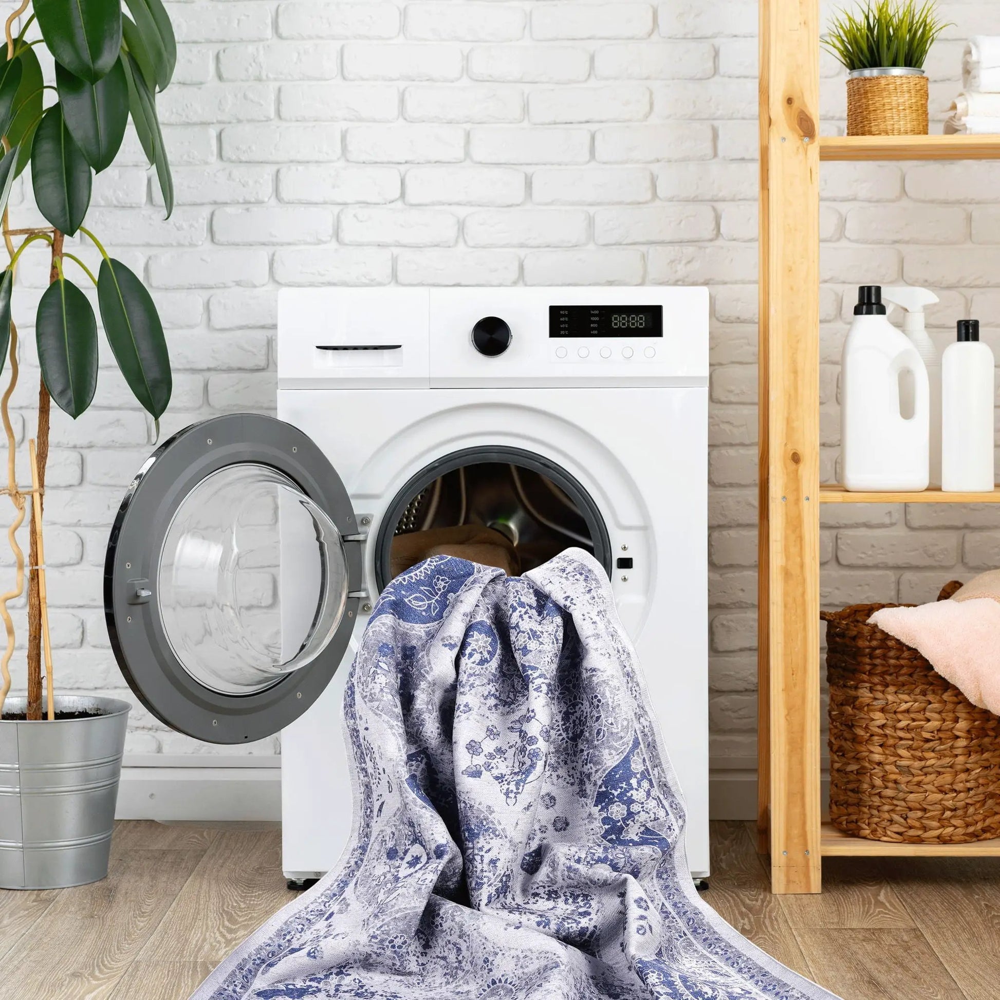 Maval Stunning Washable Area Rug by Unique Piece Furniture, blue floral print in laundry room on Tampa Home & Garden Store