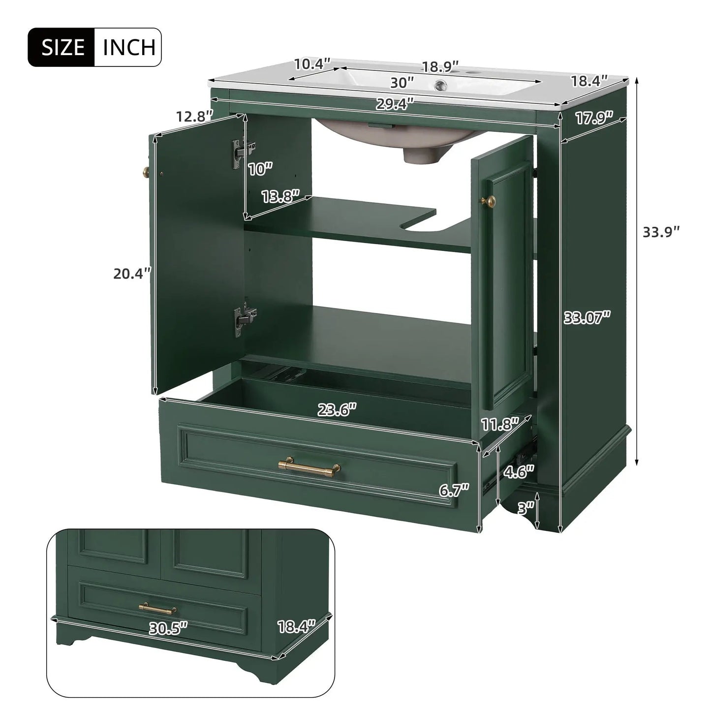 Bathroom vanity with sink by Unique Piece Furniture; green finish, 2 soft-close doors on Tampa Home & Garden Store
