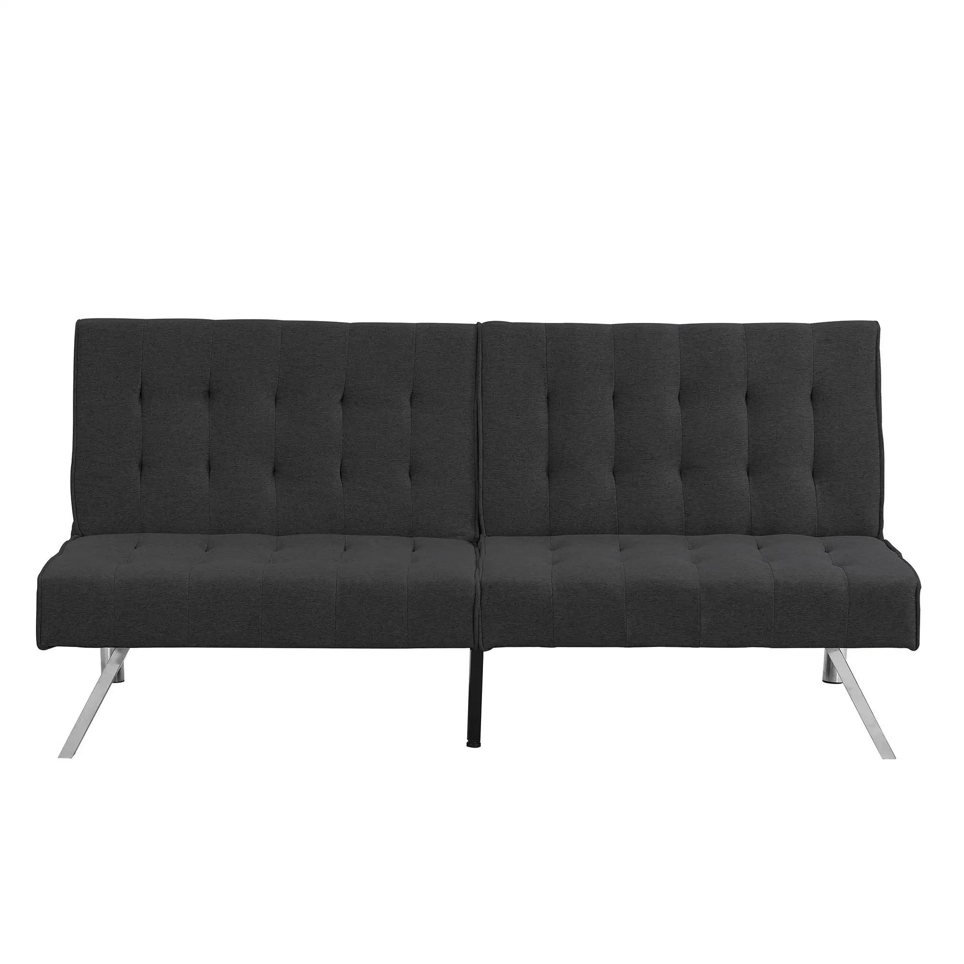 Futon sofa bed in dark charcoal gray fabric with tufted cushions and sleek metal legs on Tampa Home & Garden Store