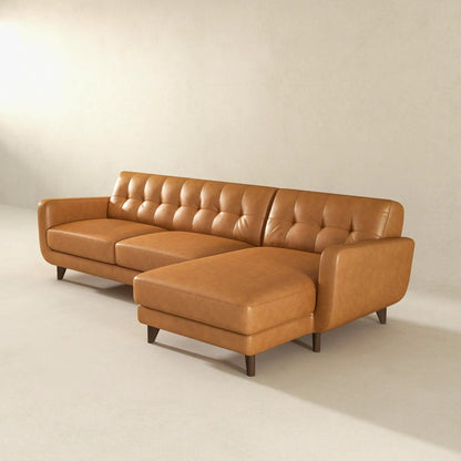 Allison Mid-Century Modern Sectional Sofa Chaise, tan leather, stationary on Tampa Home & Garden Store