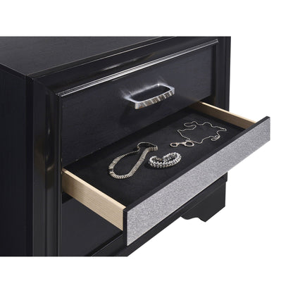 Annie 4 Piece Bedroom Set black dresser with silver handle open drawer with jewelry on Tampa Home & Garden Store