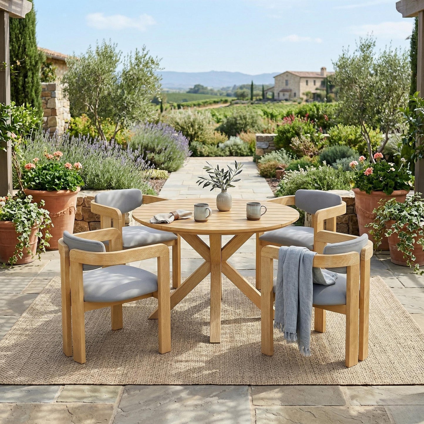 Outdoor Acacia Wood Round Dining Set and Chairs