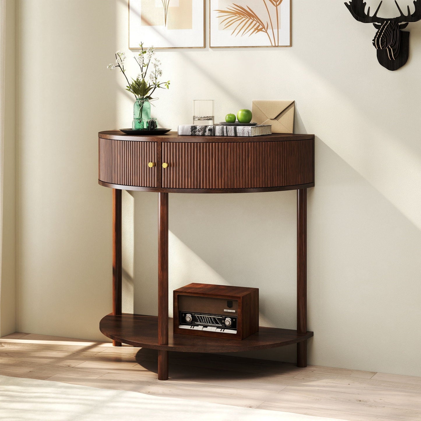 Demi Lune console table with 2 storage drawers in dark wood finish, ribbed curved front on Tampa Home & Garden Store