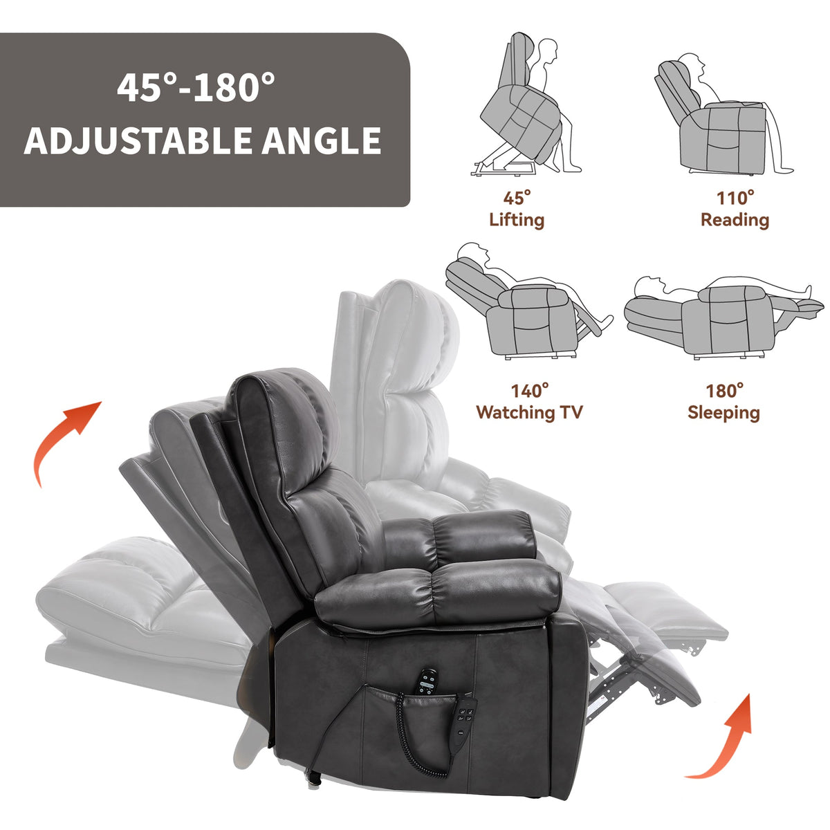 ComfortMax Dark Oversized Lift Recliner Chair by HouseOfZazla in dark gray leather with remote on Tampa Home & Garden Store