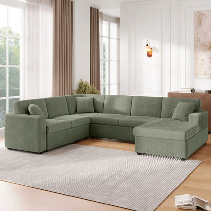 Oversized U-shaped sectional sofa with chaise in olive corduroy, three throw pillows on Tampa Home & Garden Store