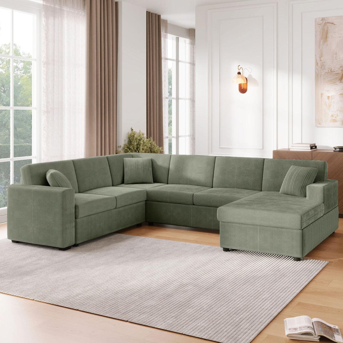Oversized U-shaped sectional sofa with chaise in green ribbed fabric and three pillows on Tampa Home & Garden Store