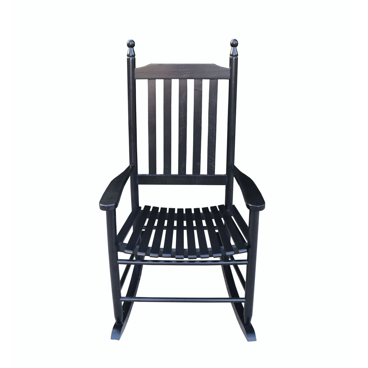 Wooden porch rocker chair in black with solid wood construction, slatted back on Tampa Home & Garden Store