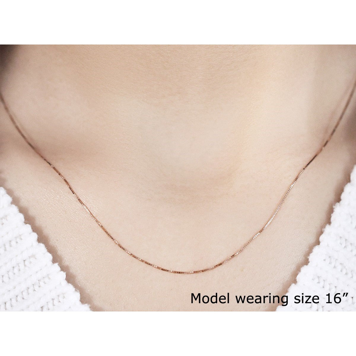 14k rose gold classic box chain necklace 0.45mm by Bids.com on model wearing size 16 on Tampa Home & Garden Store
