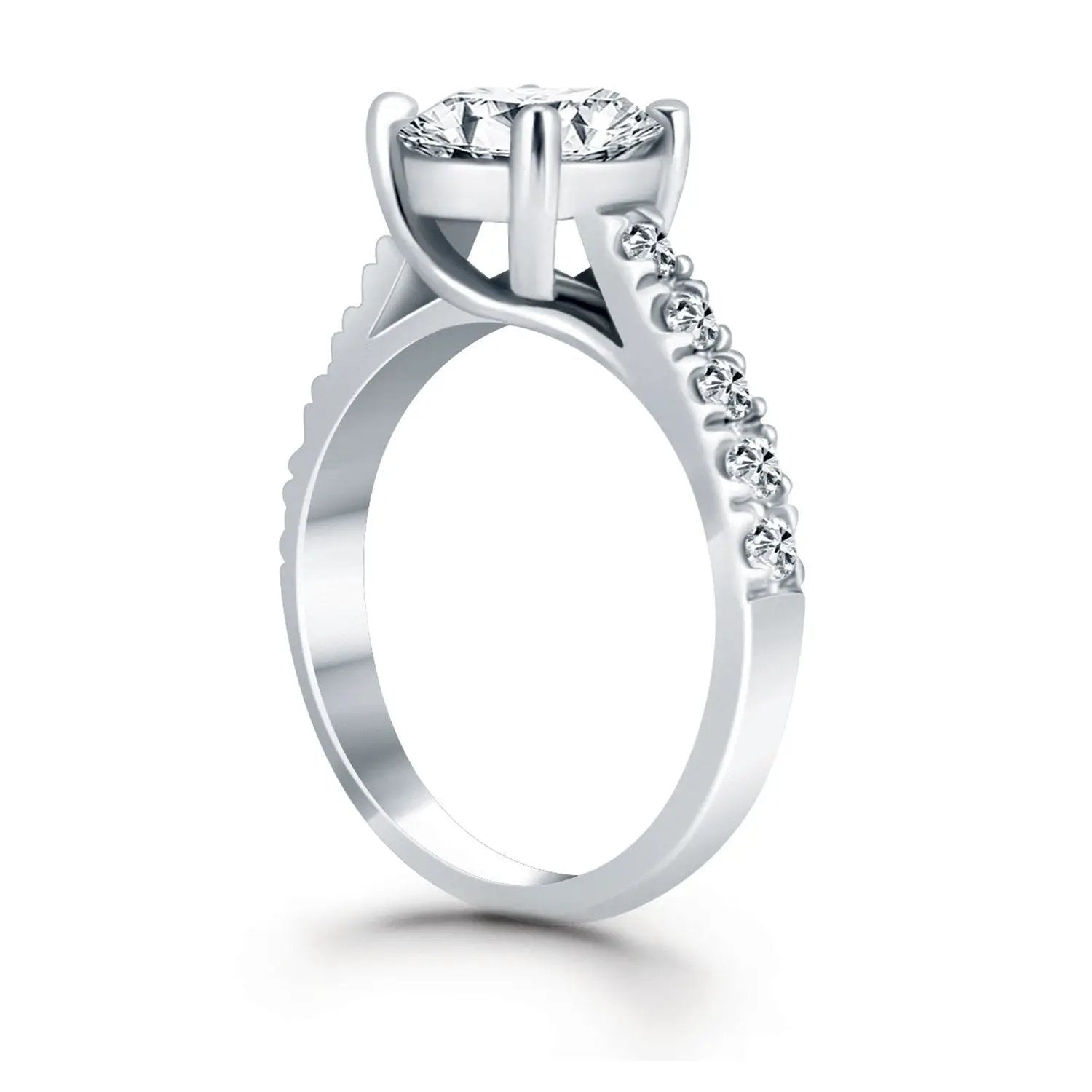 14k white gold trellis engagement ring with round center diamond and pavé diamonds along the band on Tampa Home & Garden Store