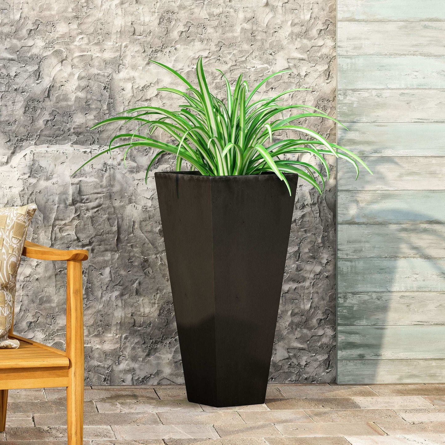 Outdoor Modern Cast Stone Planter black with variegated spider plant by HouseOfZazla on Tampa Home & Garden Store