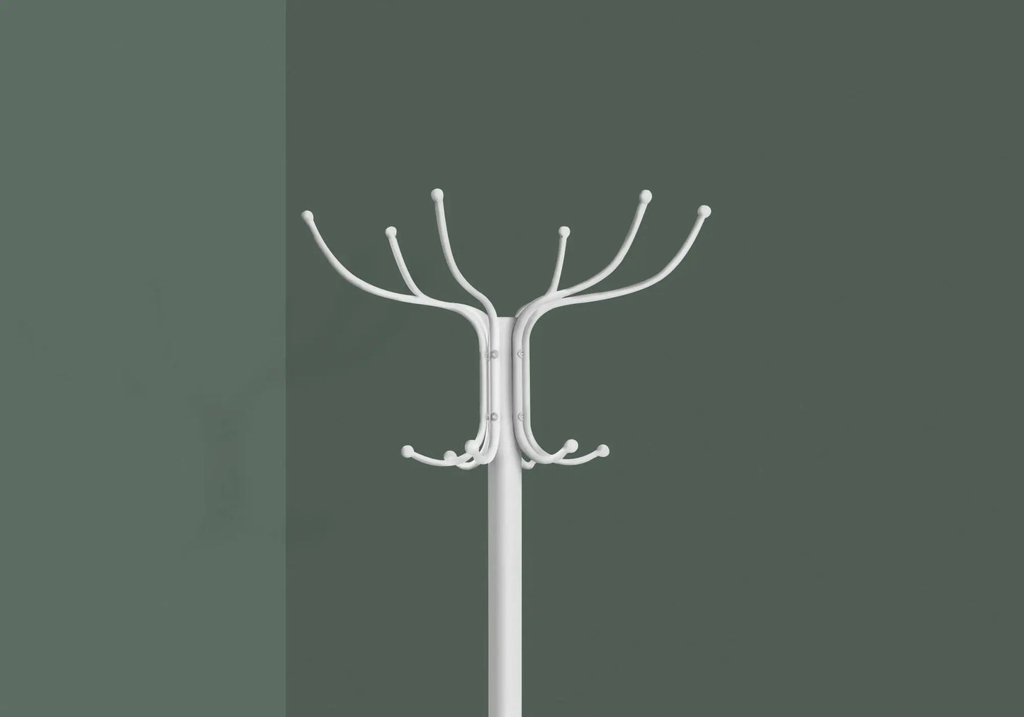 Freestanding coat rack with 12 curved white hooks in a modern hall tree design on Tampa Home & Garden Store