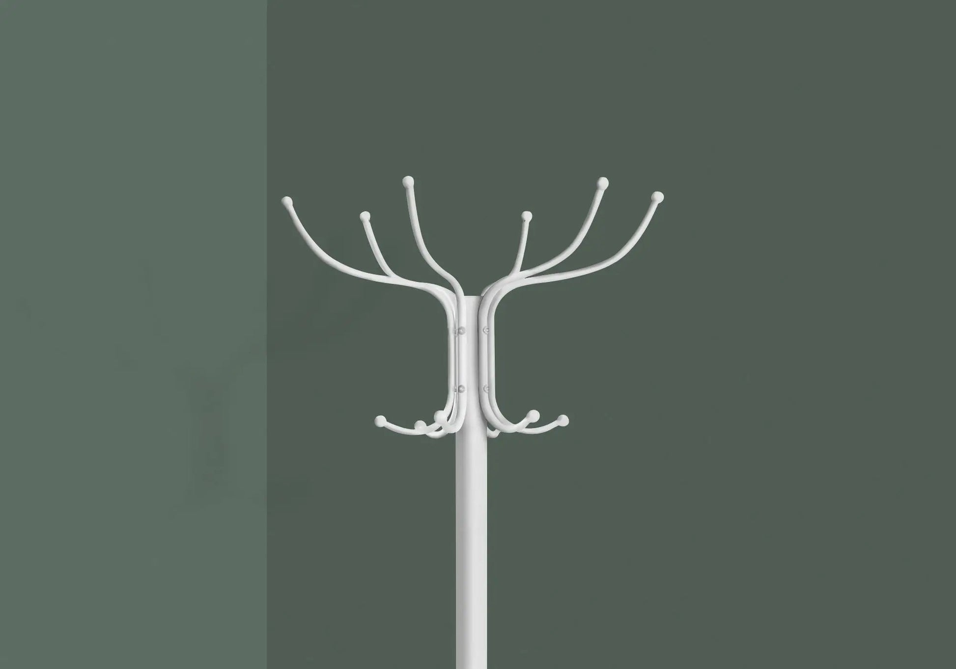Freestanding coat rack with 12 curved white hooks in a modern hall tree design on Tampa Home & Garden Store