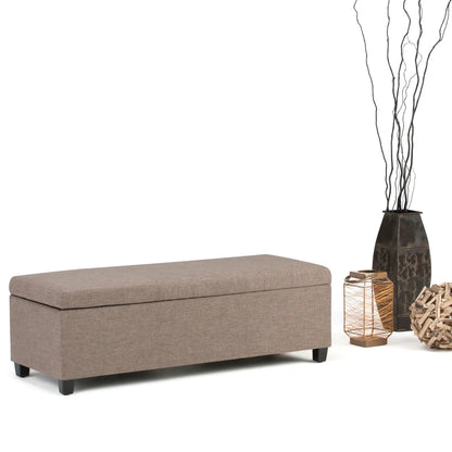 Avalon multifunctional storage ottoman bench in taupe linen fabric with sleek black legs on Tampa Home & Garden Store