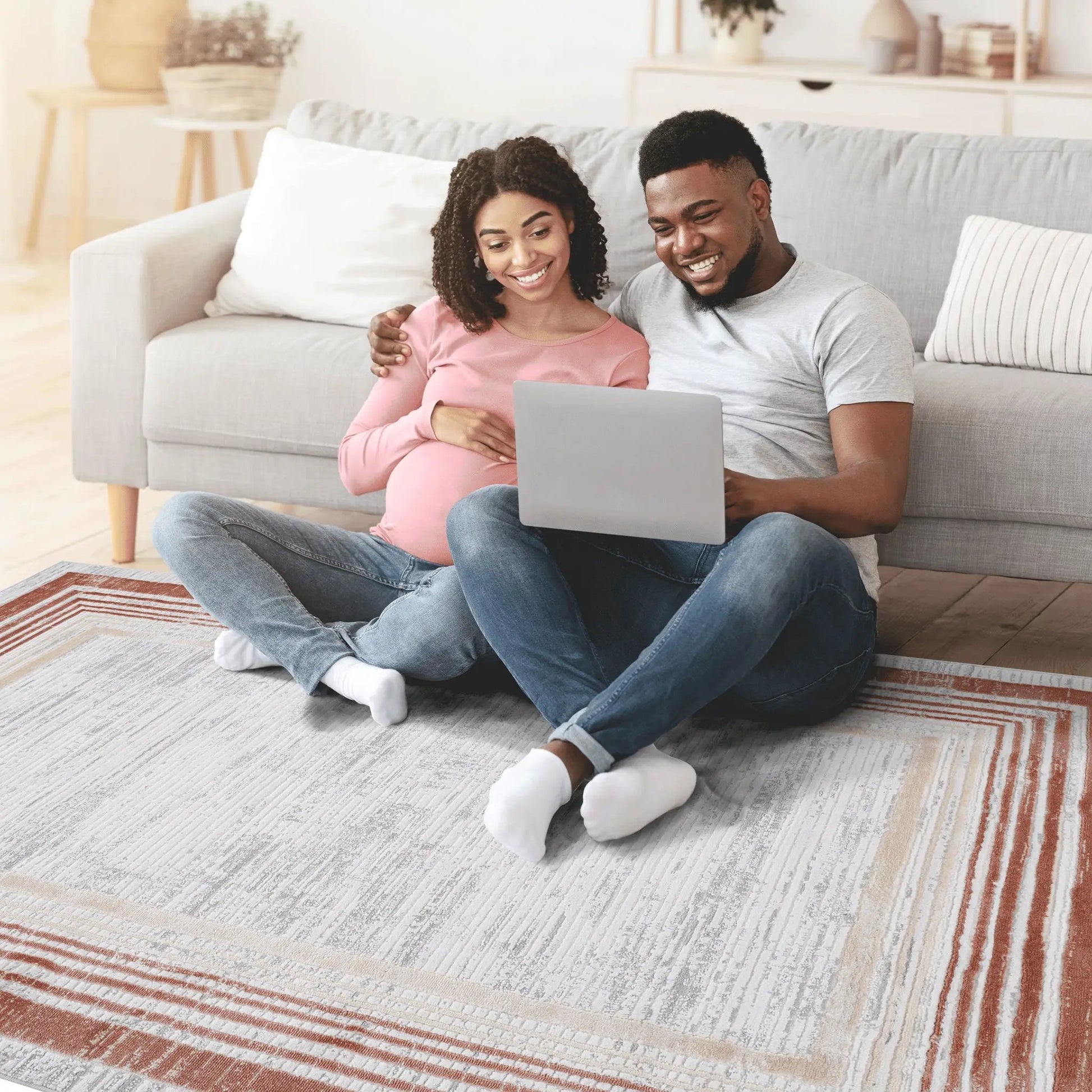 Marfi - Bordered Area Rug, light gray with warm red border, Unique Piece Furniture on Tampa Home & Garden Store