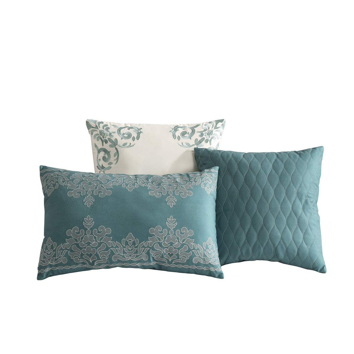 Marana 9 Pc Medallion Jacquard Comforter Set teal and white damask pillows with teal quilting on Tampa Home & Garden Store