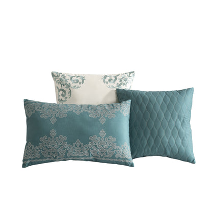 Marana 9 Pc Medallion Jacquard Comforter Set teal and white damask pillows with teal quilting on Tampa Home & Garden Store