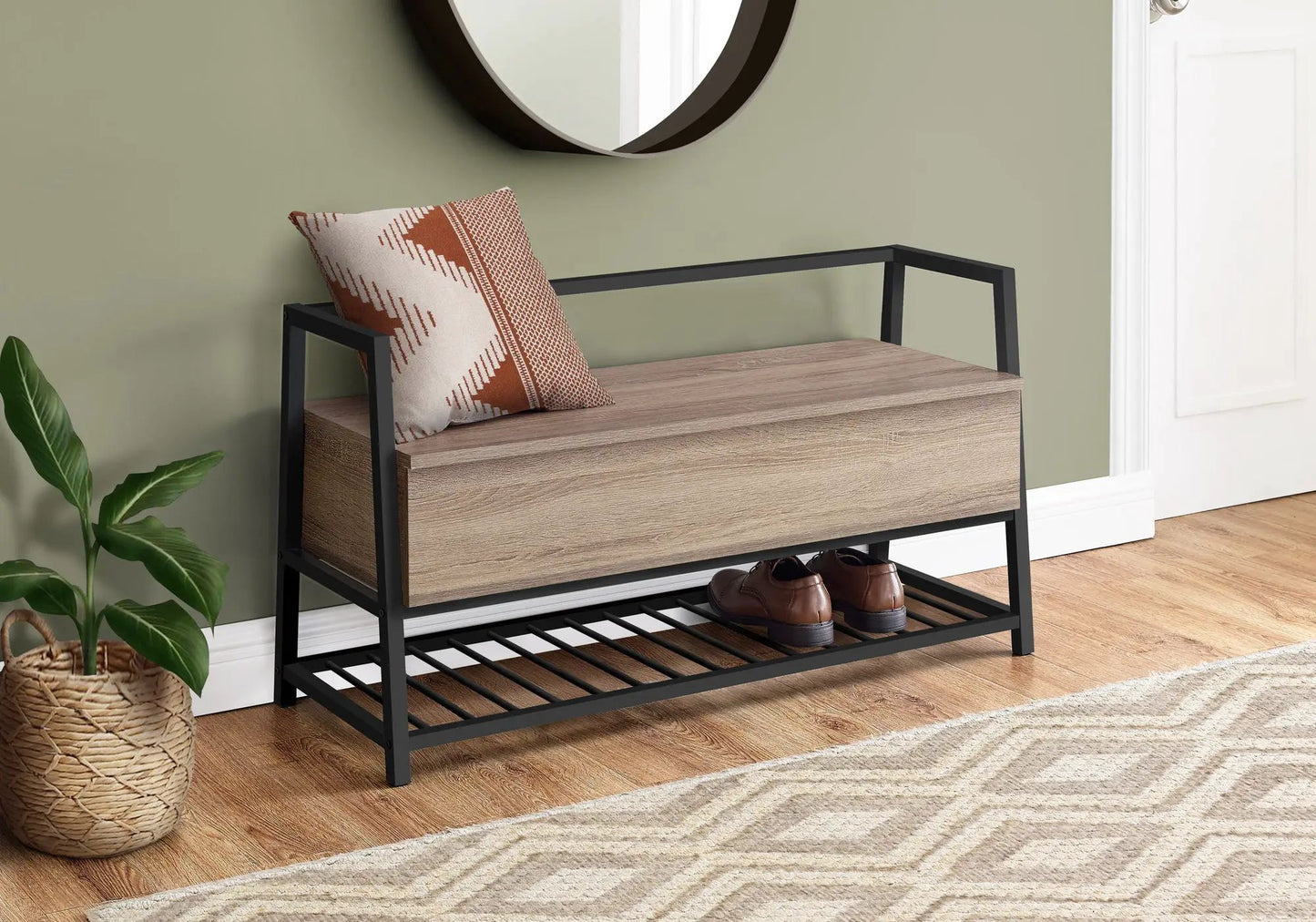 Rectangular storage bench with black metal frame and wood drawer, modern Unique Piece Furniture on Tampa Home & Garden Store