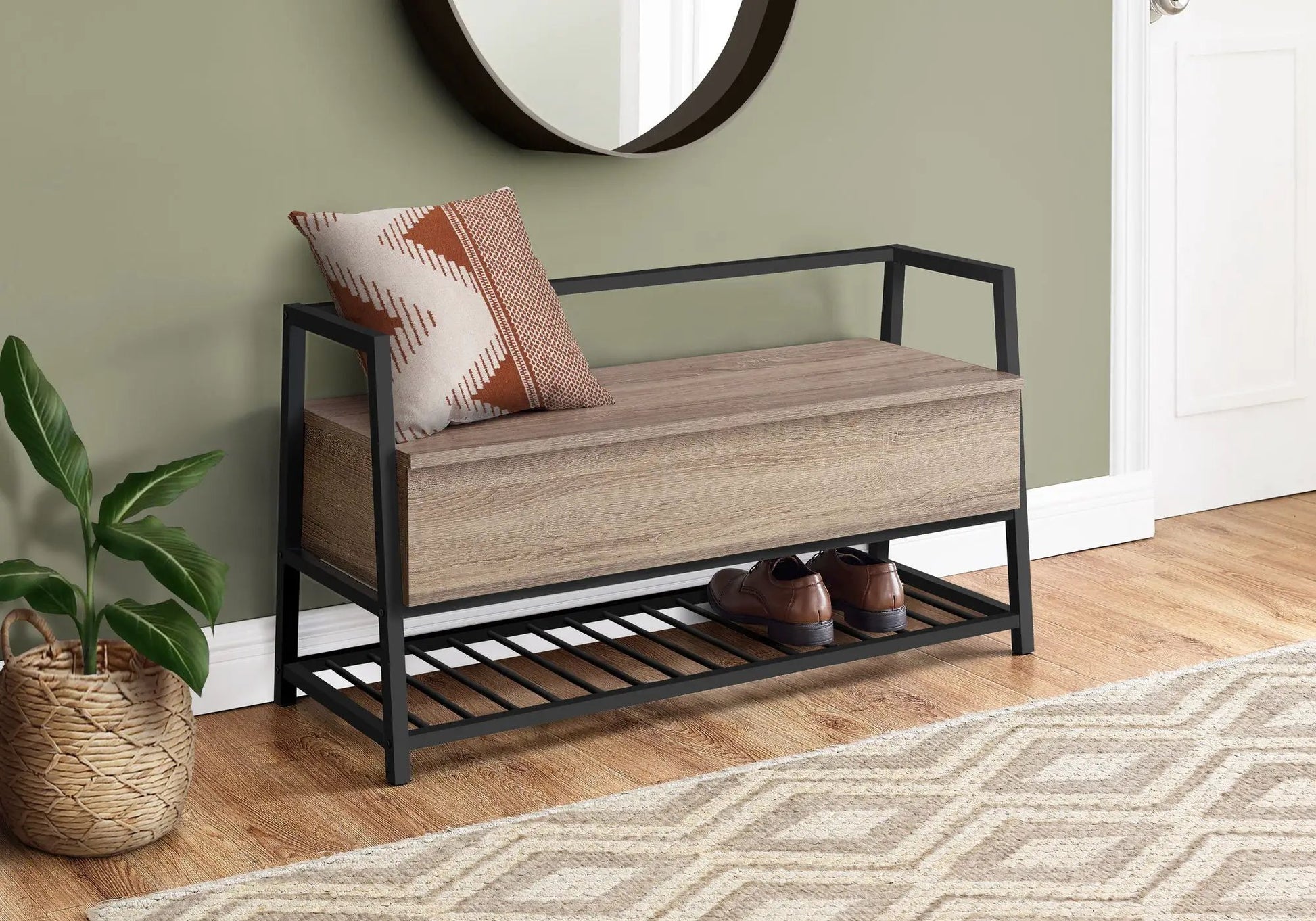 Rectangular storage bench with black metal frame and wood drawer, modern Unique Piece Furniture on Tampa Home & Garden Store