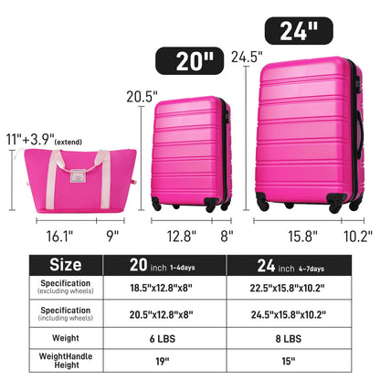 HouseOfZazla pink hardshell luggage set 2-piece with tote bag; 20in & 24in spinners on Tampa Home & Garden Store