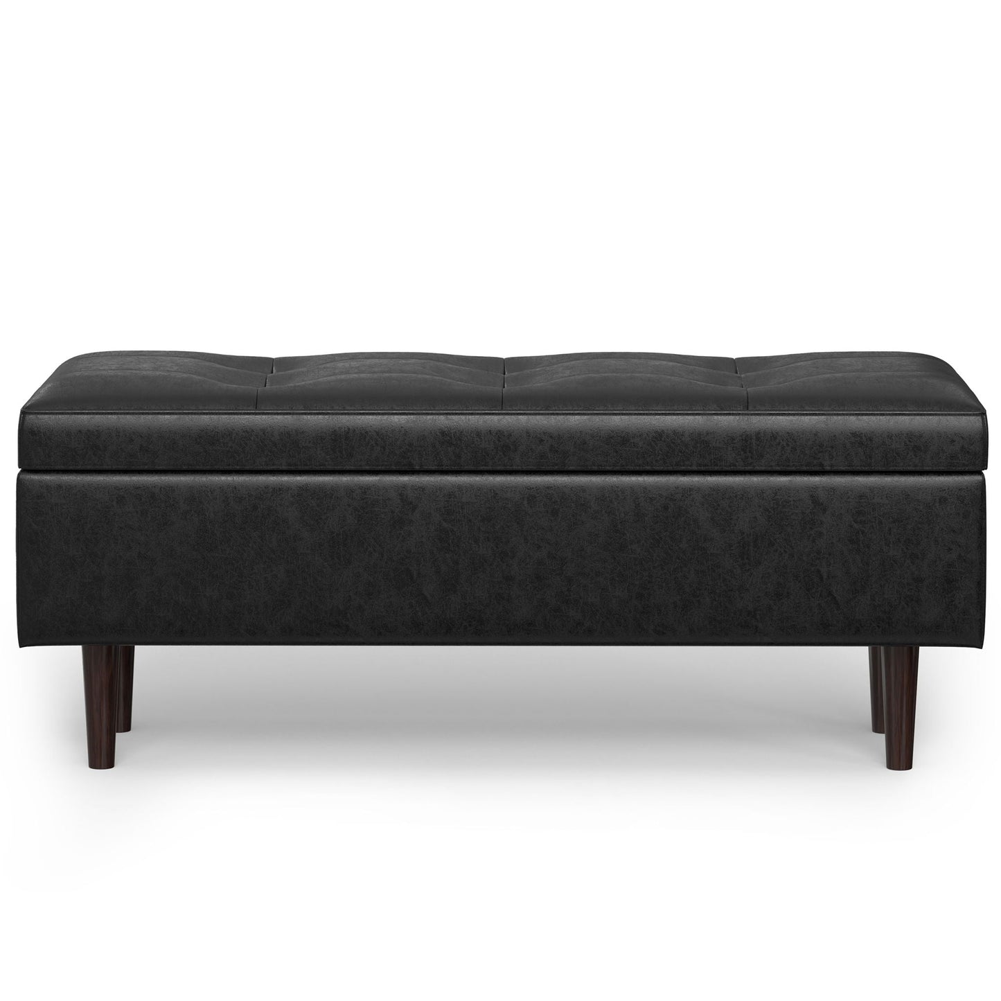 Shay storage ottoman, large square black leather coffee table with tufted lid and mid-century legs on Tampa Home & Garden Store