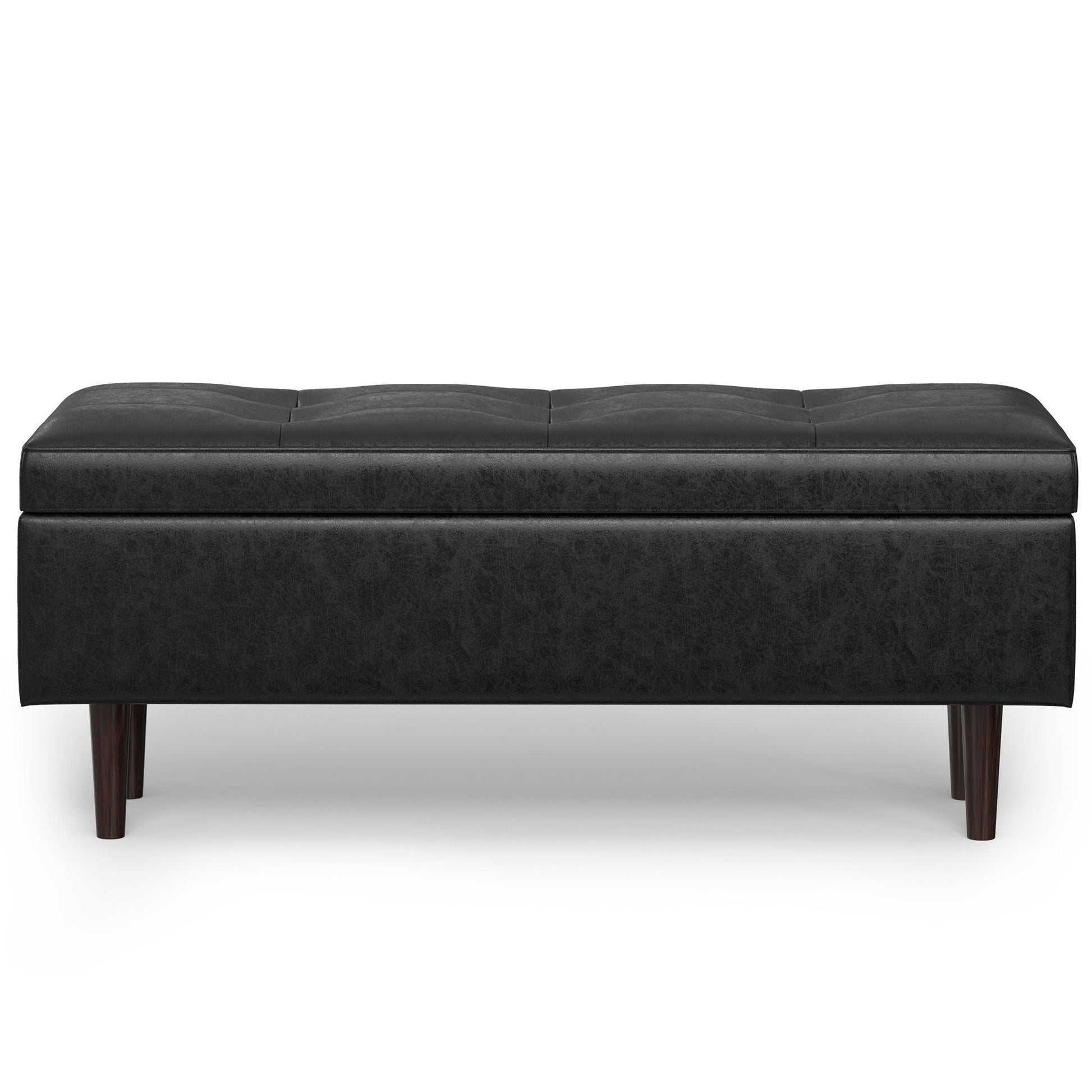 Shay storage ottoman, large square black leather coffee table with tufted lid and mid-century legs on Tampa Home & Garden Store