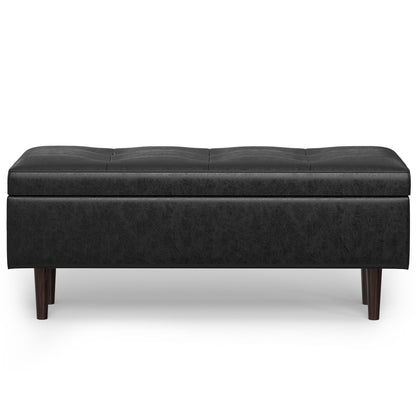 Shay storage ottoman, large square black leather coffee table with tufted lid and mid-century legs on Tampa Home & Garden Store