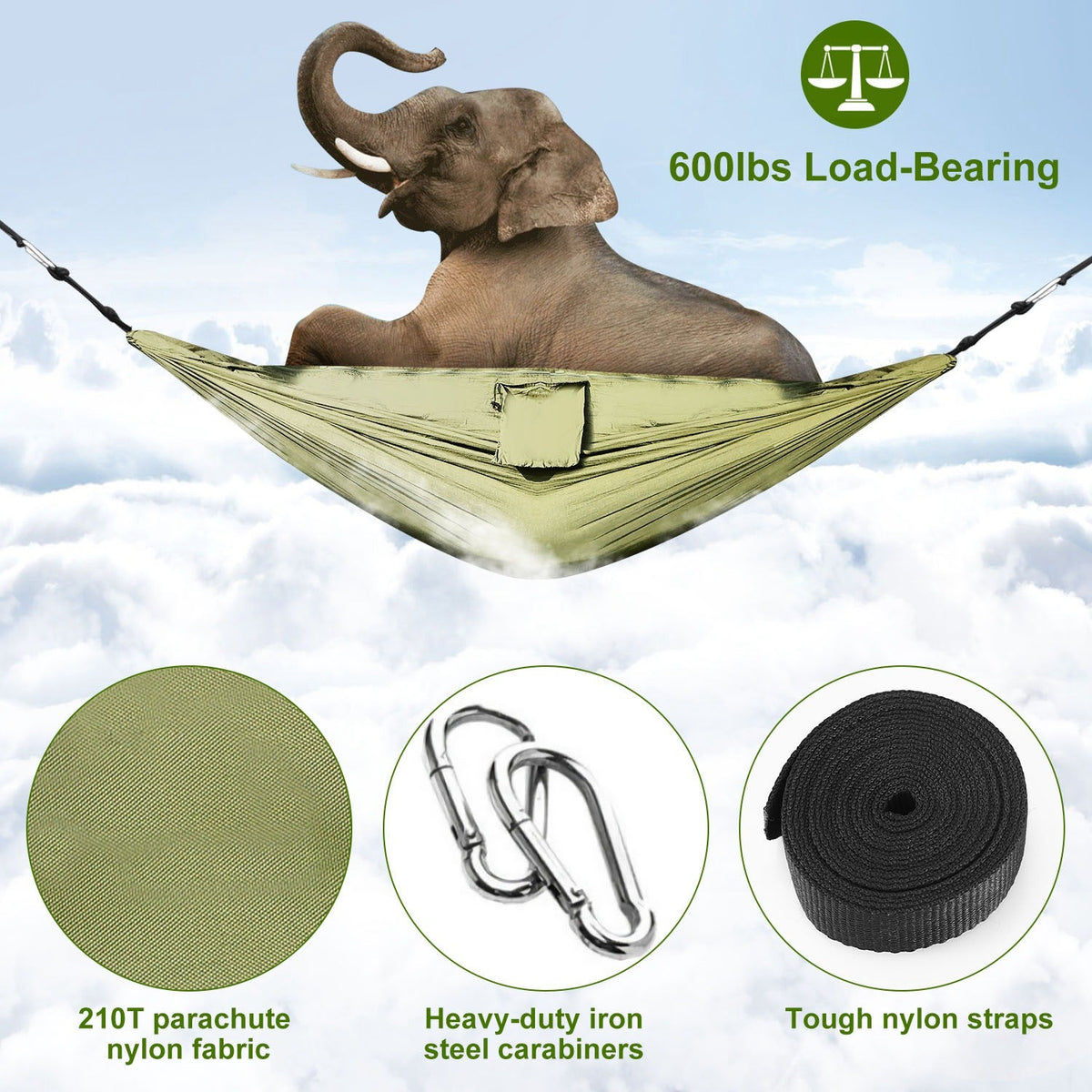 GemGear 600lbs load-bearing camping hammock, two-person nylon bed, carabiners & straps on Tampa Home & Garden Store