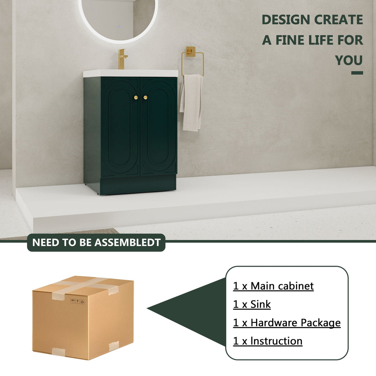 HouseOfZazla freestanding bath vanity with resin sink, dark green cabinet, white countertop, gold hardware on Tampa Home & Garden Store