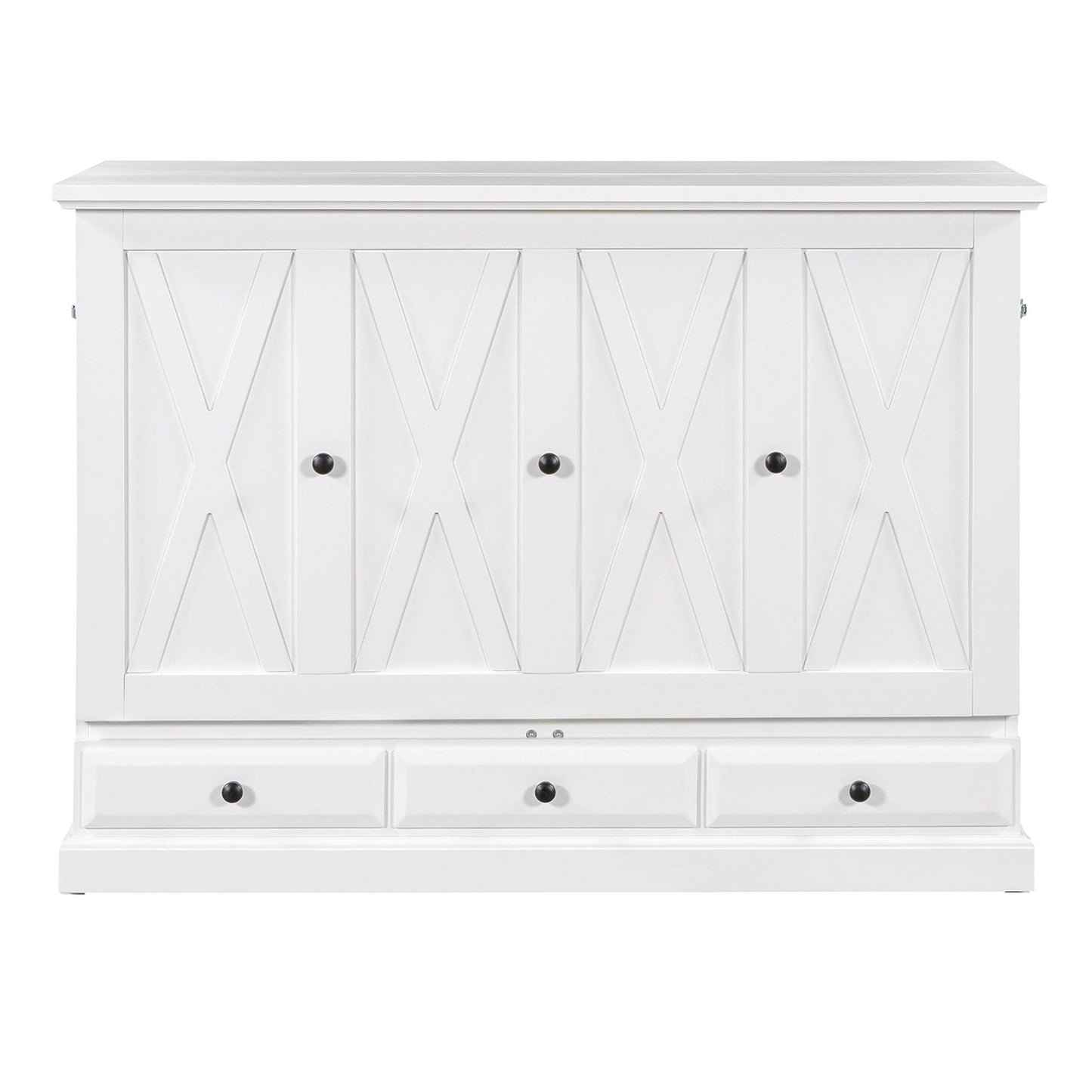White solid pine Murphy bed chest with X-panel doors and black knobs, large storage drawer on Tampa Home & Garden Store