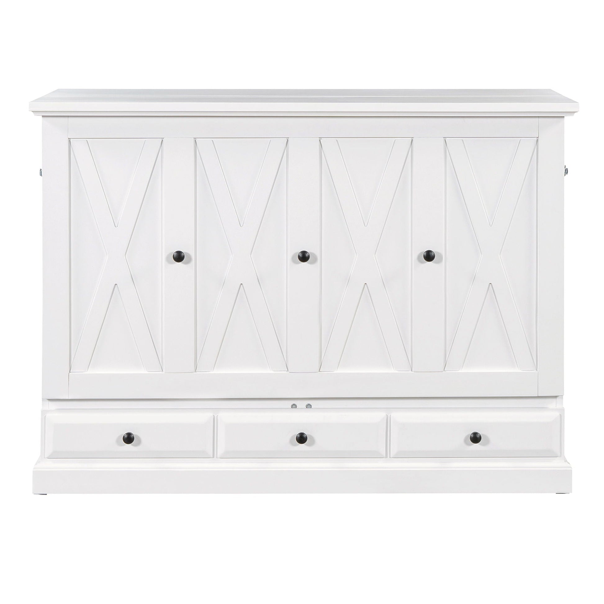 White solid pine Murphy bed chest with X-panel doors and black knobs, large storage drawer on Tampa Home & Garden Store