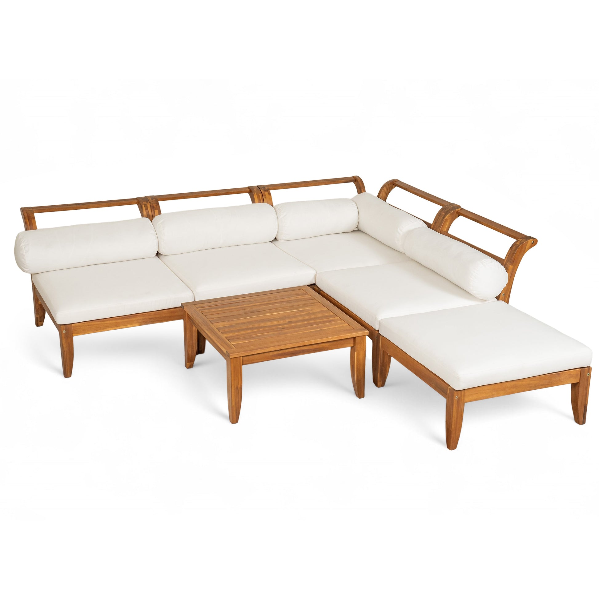 6-Piece acacia wood outdoor modular sectional with daybed & tea table, cream cushions on Tampa Home & Garden Store