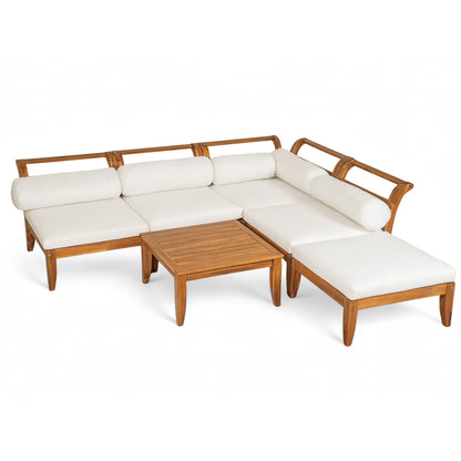 6-Piece acacia wood outdoor modular sectional with daybed & tea table, cream cushions on Tampa Home & Garden Store